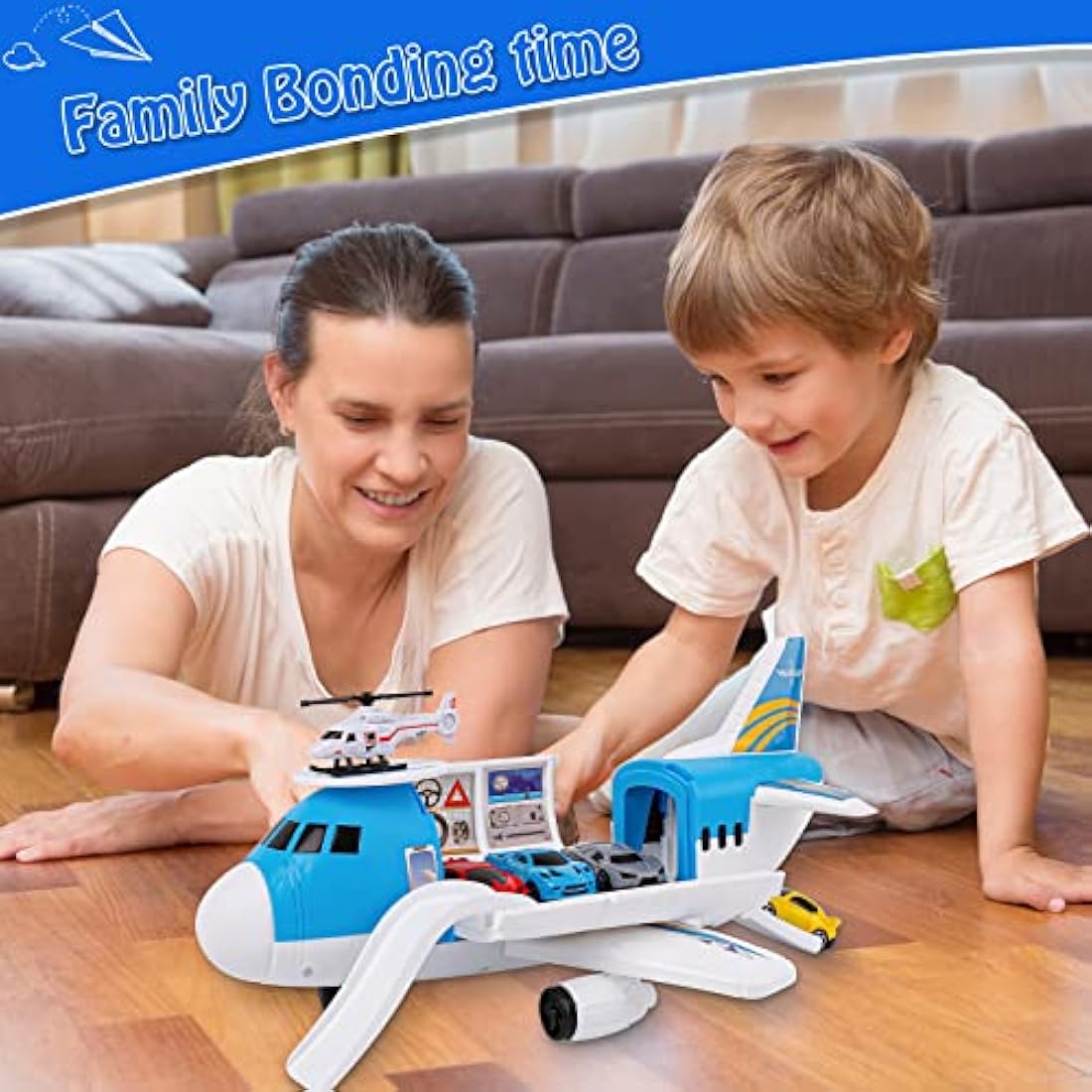 m zimoon Transport Airplane, Transport Cargo Plane Car Kids Toys Set with 4pcs Cars, 1pcs Helicopter Toy and 1pcs DIY Stickers Gift Toys for Boys Girls