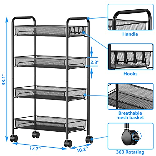 Rolling Cart Storage Trolley - 4 Tier Kitchen Storage Organizer Utility Cart Full Metal Basket Storage Art Trolley Carts with Wheels & 4 Side Hooks (Black)