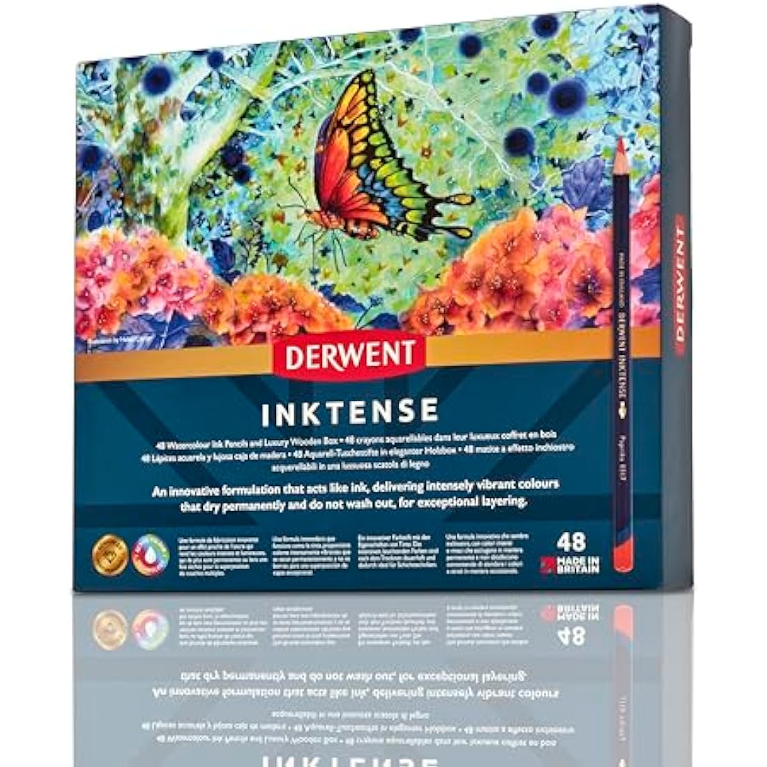 Derwent Inktense Permanent Watercolour Pencils, Set of 48 in a Wooden Gift Box, 4mm Premium Core, Water-Soluble, Ideal for Colouring, Painting and Crafting, Professional Quality (2300151)