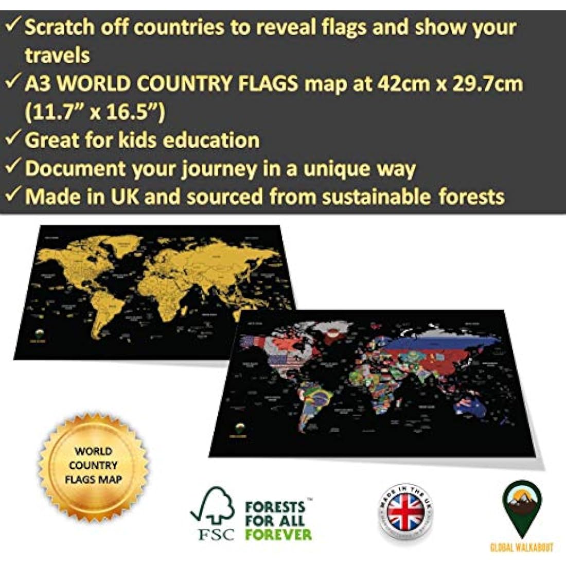 Scratch Off Map with Flags background – Deluxe Travel Size World Map Poster – Countries and Facts – Travel Gift - GLOBAL WALKABOUT (Black)