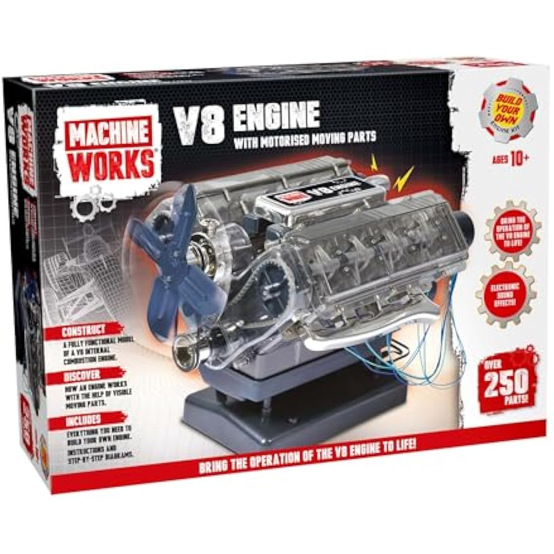 Machine Works Build Your Own V8 Engine Toy - Replica Model Building Kit - Features Augmented Reality, Sounds and Illumination, 4 Modes, 250+ Pieces, 10+ Years