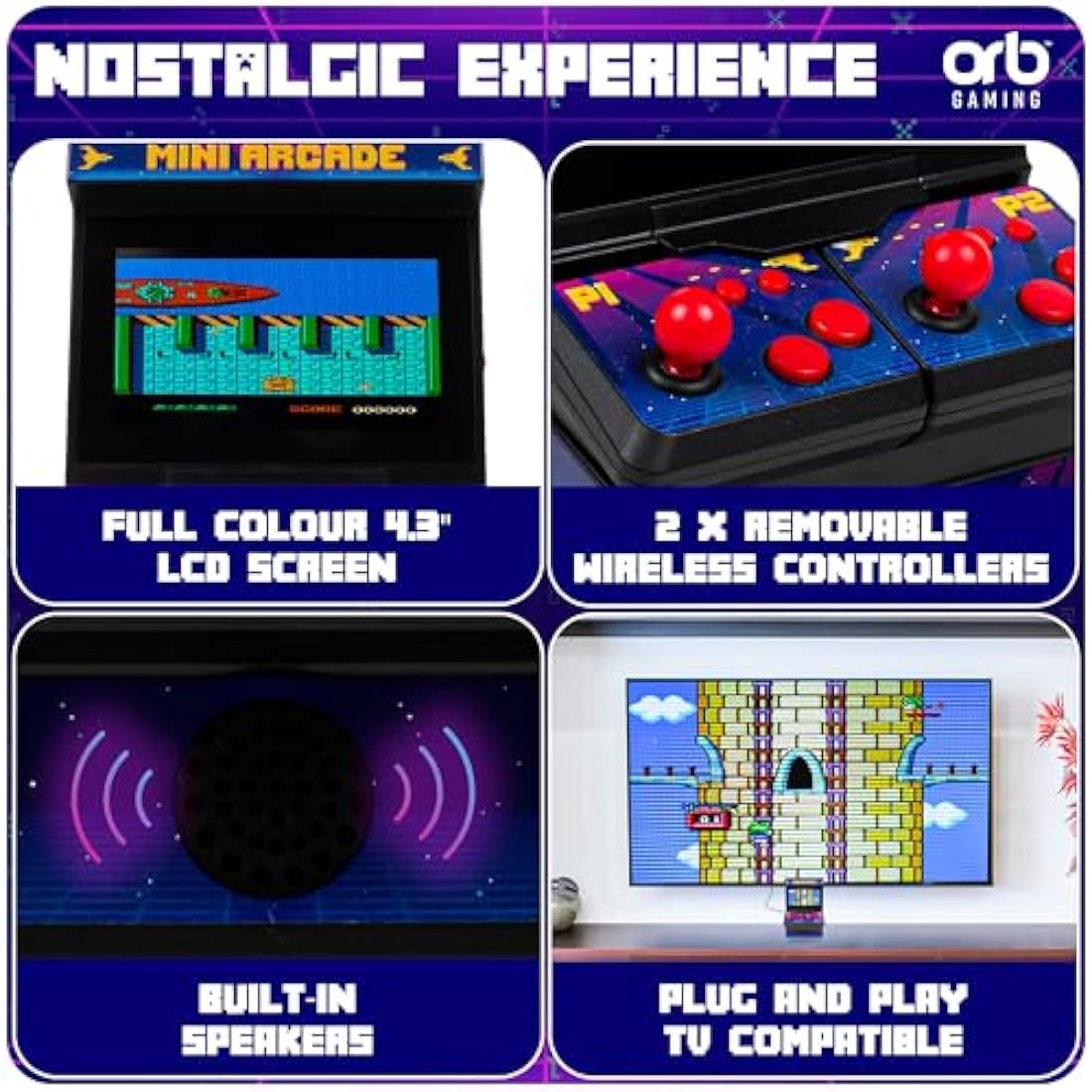 Mini Arcade Machine, handheld console, Plug and Play TV Games, 2 Player, 300 In-Built Games, 8-Bit Retro Arcade Games, 4.3” Full Colour Screen, 2 x Wireless Joysticks, for Men and Women - Thumbs Up!