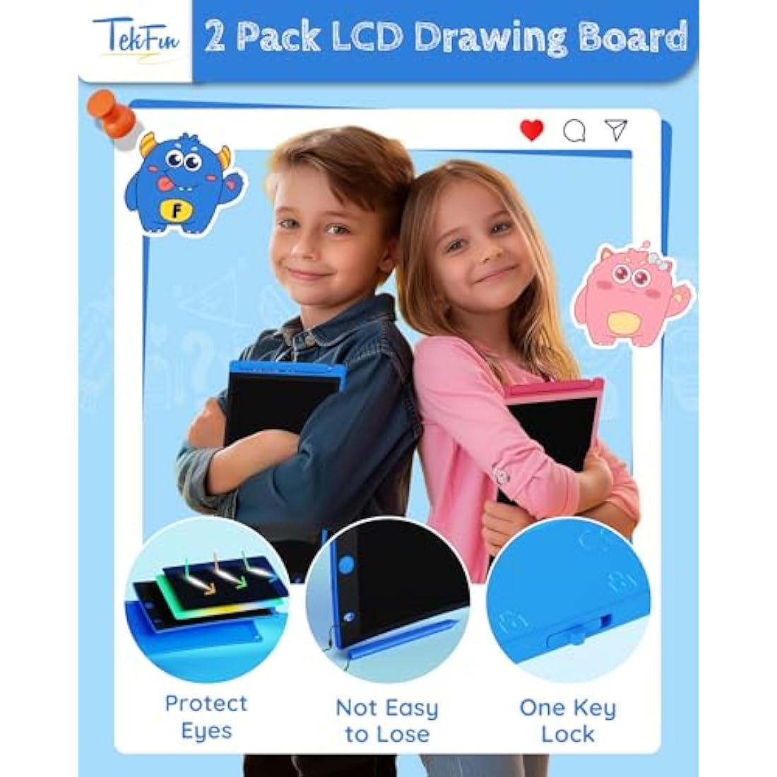 TEKFUN 2 Pack LCD Writing Tablet, 8.5inch Colorful Drawing Tablet for Kids, Erasable Writing Drawing Board with Lanyard, Learning Toys Gifts for 3 4 5 6 7 Years Old Boys Girls Toddlers (2X Blue)