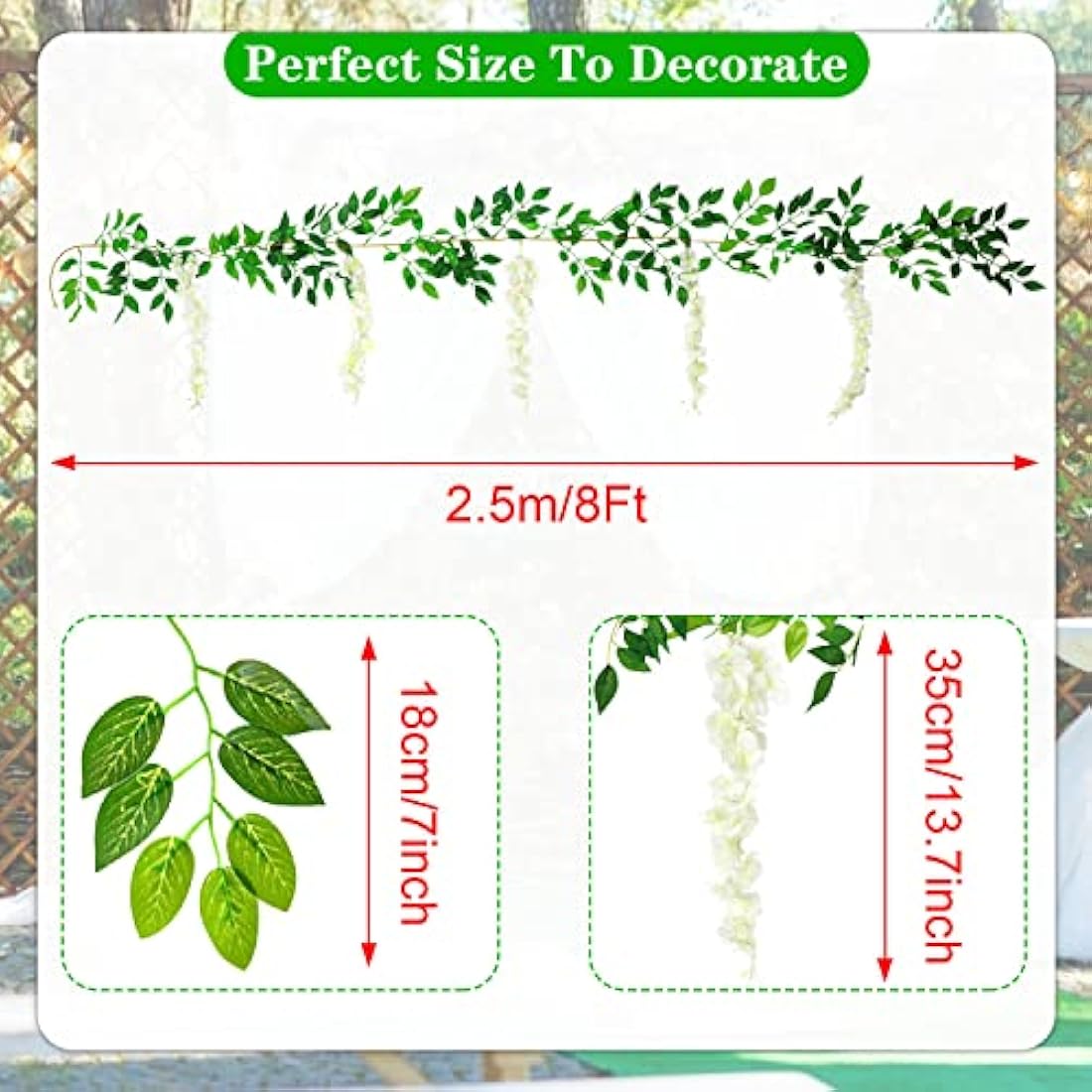 MOTONG Artificial Flowers Decoration, 4Pcs (8FT/2.5M/piece) Fake Flowers Wisteria Vines, Artificial Vine Garland Plants Arts For Ceremony Home Garden Wedding Party Decoration (4 Pcs White)