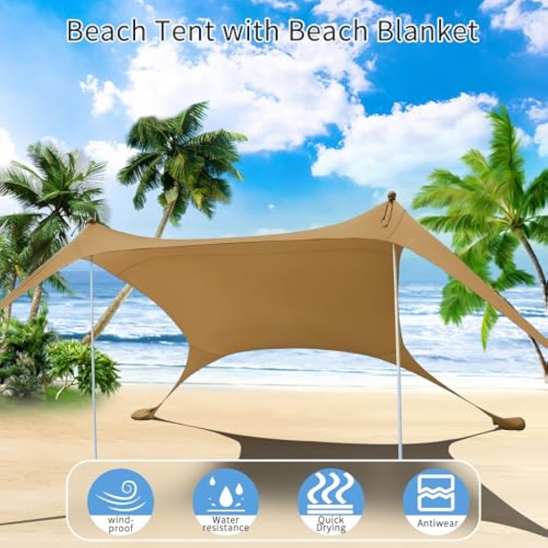 CUUPO 7×7 FT Beach Tent Sun Shelter UPF50+ UV Protection, Outdoor Small Canopy Tent Sun Shade with 2 Poles for Camping, Beach, Fishing, Backyard and Picnics Khaki