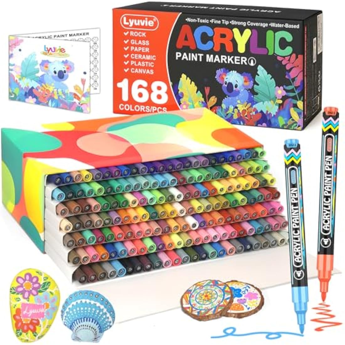 Lyuvie 168 Colours Acrylic Paint Pens, Water-Based Permanent Paint Markers with 0.7mm Extra Fine Tip,Acrylic Pens for Rock Painting Fabric Pebbles Glass Stone Metal Wood Ceramic