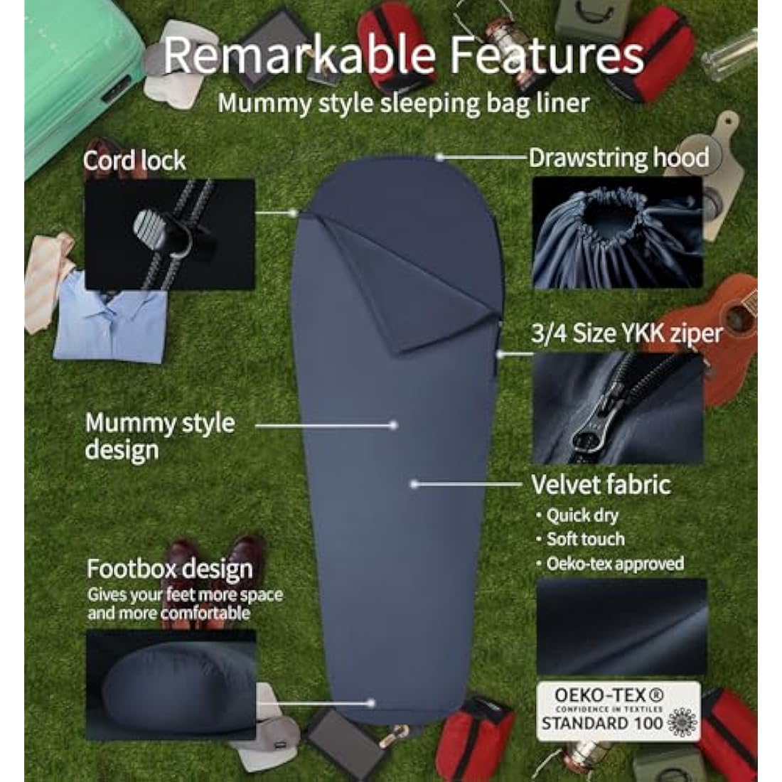 Litume Velvet Sleeping Bag Liner Add Up to 8°C, Anti Static Mummy Style Sleeping Sack Backpacking, Camping, Traveling,Hiking Lightweight Sleep Sack with Drawstring Hood Compact Durable All Seasons