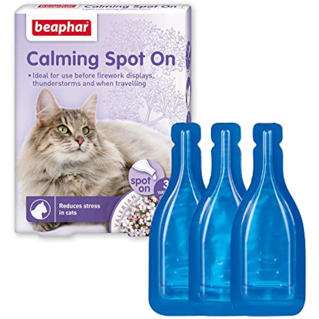 Beaphar - Herbal Calming Spot-On for Cats - Contains Natural Herb Valerian - Promotes Calming During Fireworks, Thunderstorms, Travel & Stressful Situations - 1 Pipette Lasts Up To 1 Week - 3 Pipettes
