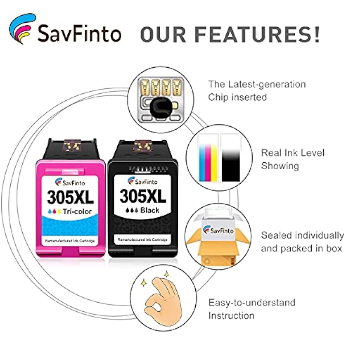 SavFinto 305XL Ink Cartridges Remanufactured for HP 305 Ink Cartridges Compatible for HP DeskJet Plus 2700 4110 4120 4122 HP Envy 6000 6010 6020 6022 6030 HP Envy Pro 6420 6422 6430 6430 6400