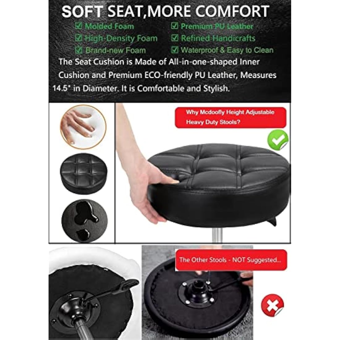 McDooFly Adjustable Heavy Duty Stool - Rolling Stools with Locking Caster Wheels - Swivel Stools Backless Chair for Beauty Hair Salon Spa Home Kitchen Office Shop Massage(Black, Height 47 to 57cm)