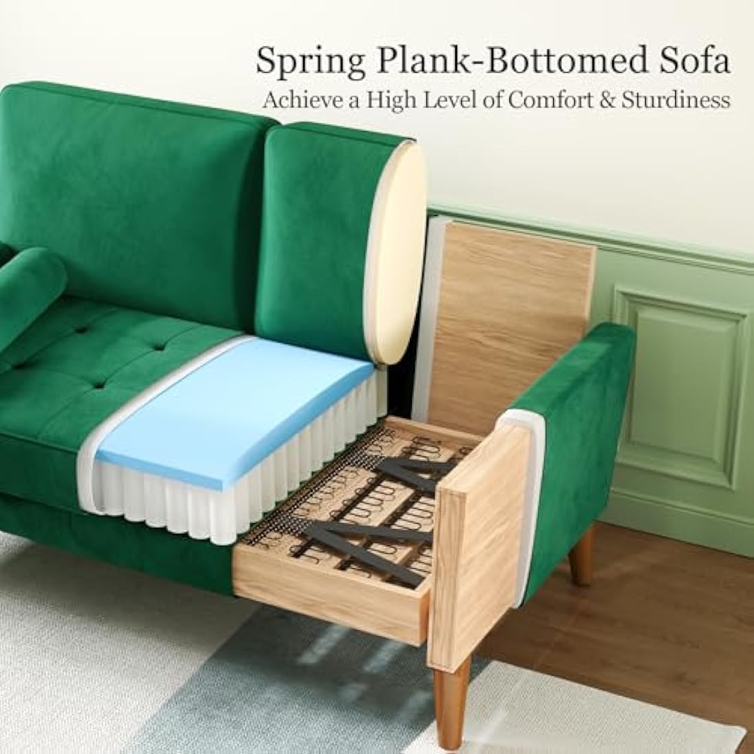 Vesgantti Small 2 Seater Sofa Green, Comfy Couch with Spring Cushion, Velvet Sofa with Wood Legs, Modern Love Seat Sofa 2 Seater for Living Room, Small Couch for Bedroom, Green Office Couch