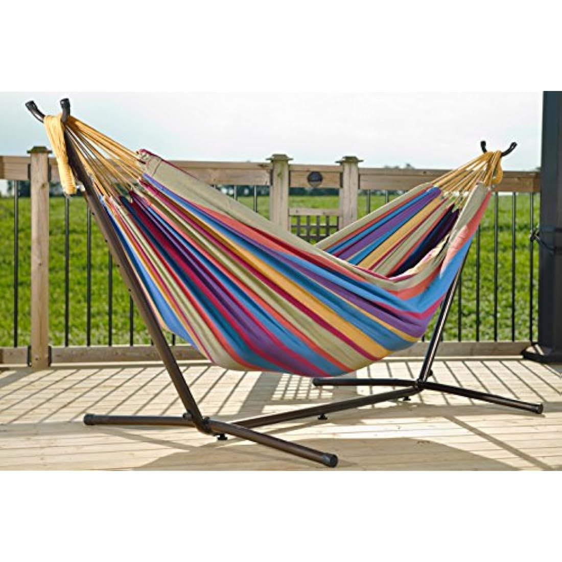Vivere UHSDO8-20 Double Cotton Hammock with Space-Saving Steel Stand Including Carrying Bag, Tropical