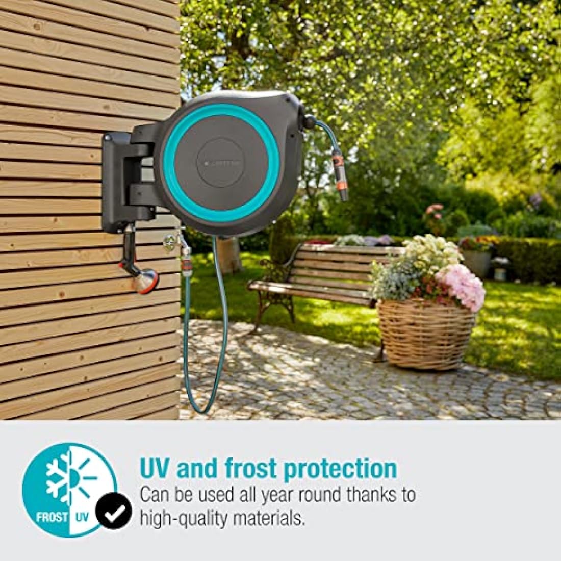 Gardena Wall-Mounted Hose Box Rollup XL (Turquoise) 35 m: Versatile Watering System for Large Gardens, Swivel Hose Box, Including 35 m Gardena Hose and mounting kit (18630-20)
