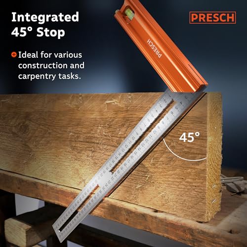 Presch Try Square 400 mm | Large | Includes rust-free marking gauge (40cm), level bubble & marking pin | 90° & 45° | Carpenters square, Precision Square, Joiners Square, Engineers Square