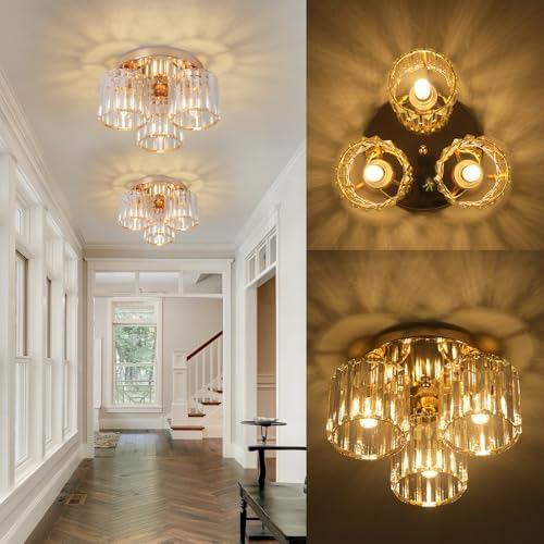 ZYDTRIP Crystal Chandeliers Ceiling Light, 3-Lights Crystal Ceiling Lights Living Room, Modern Gold Semi Flush Light Fittings for Bedroom, Hallway, Bathroom, Foyer, Kitchen Light Fixture