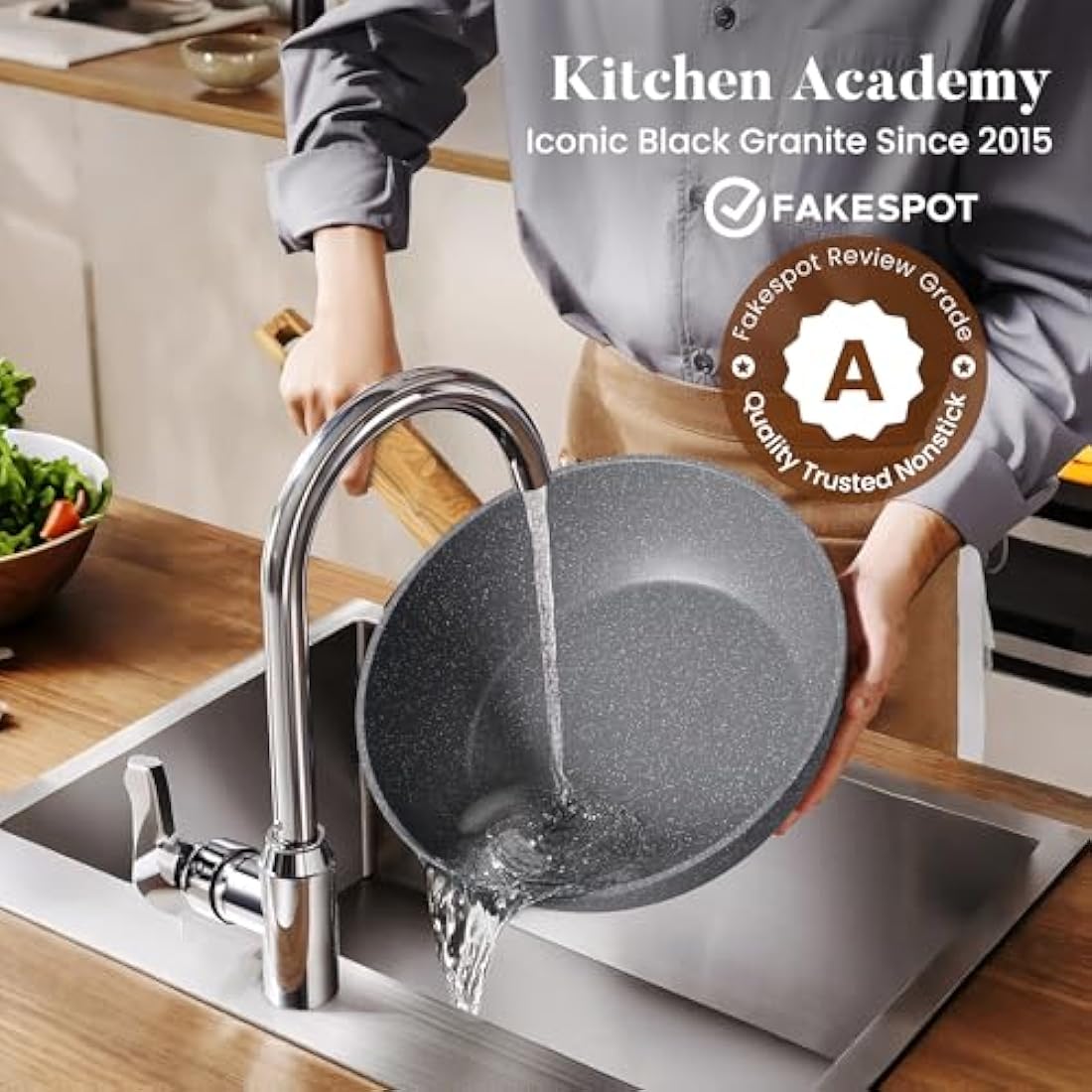 Kitchen Academy 17 Pcs Induction Hob Pots and Pans Set Non Stick, Nonstick Induction Kitchen Cookware Sets, Gray Granite Cooking Saucepan and Frying Pans Set