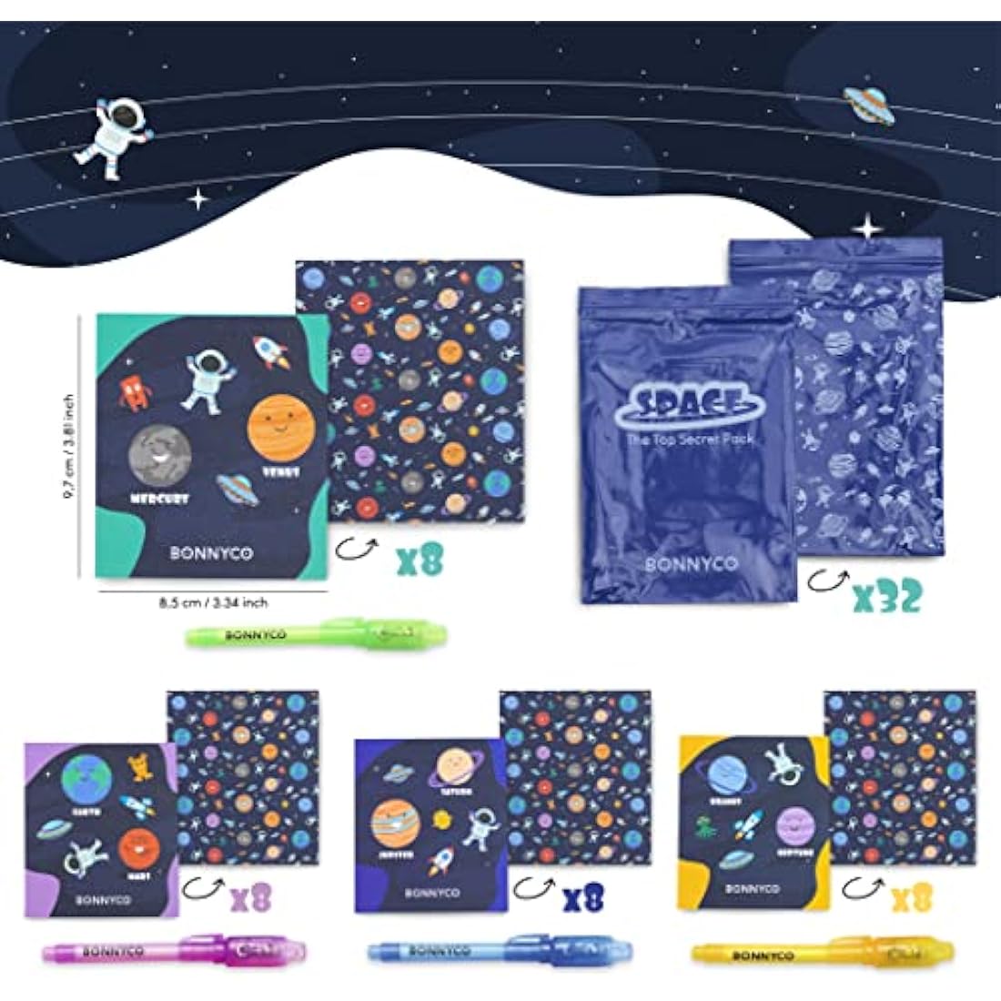 BONNYCO Invisible Ink Pen and Notebook, Pack 32 Space Party Bag Fillers for Kids, Pinata Toys | Birthday Decorations | Stocking Fillers for Kids Birthday | School Prizes, Space and Universe Gifts