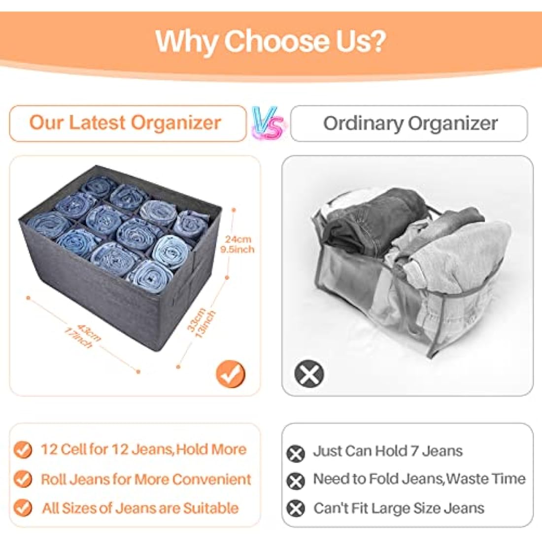 EASEVE 2 Pack Wardrobe Organiser Clothes Storage Boxes - 12 Cell Foldable Closet Shelf Drawer Dividers for Cupboard Organizer, Stackable Clothing Box for Jeans, Trouser, Pants, T-shirt, Sweater