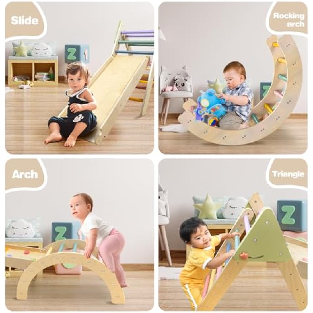 LOL-FUN 3in1 Wooden Climbing Frame for Toddlers, Baby Climbing Toys Pikler Triangle Set with Ramp and Arch, Montessori Indoor Play Jungle Gym for Kids 100x49x11CM Package-Rainbow