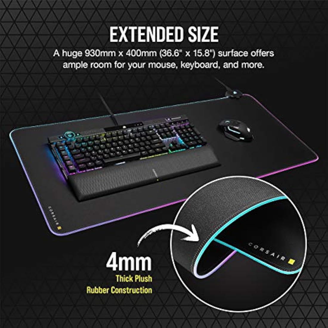 Corsair MM700 RGB Extended Cloth Gaming Mouse Pad - 930mm x 400mm - 360° RGB Lighting - Two USB Port Hub - Thick Rubber - Black