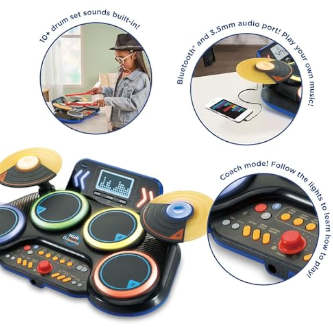 VTech Kidi DJ Drums, Light-up Electronic Drum Kit for Kids, with 4 Drums, 2 Cymbals, Drum Sticks, Bluetooth, Coach Mode and More, Music Toy for Ages 5, 6, 7Plus Years, English Version