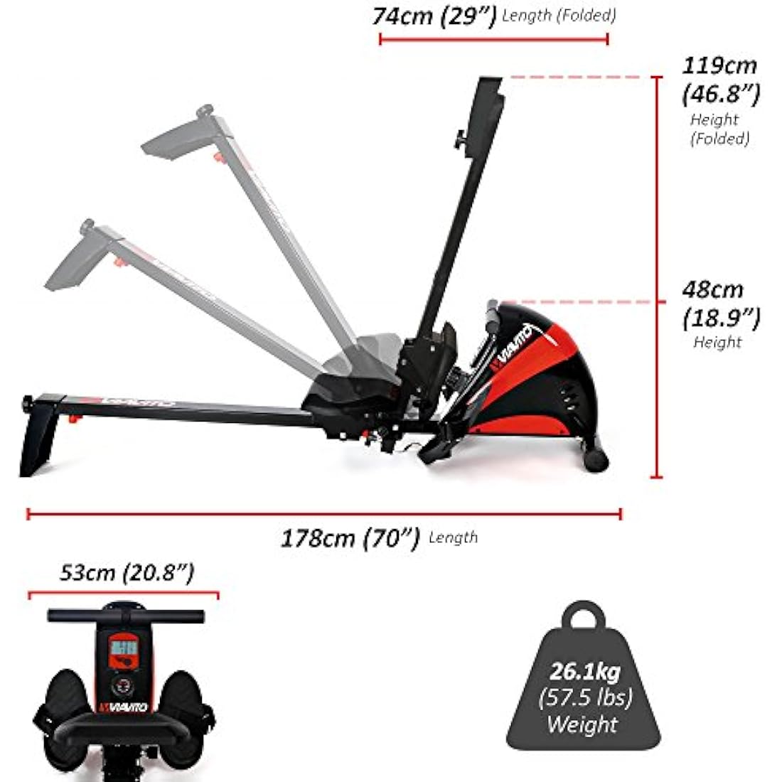 VIAVITO Sumi Folding Rowing Machine, Home Gym Equipment, Cardio Machine, 10 Levels Silent Magnetic Resistance, LCD Display, 7kg Flywheel, Ergonomic Design, 2Y Warranty, Perfect for Full-Body Workout