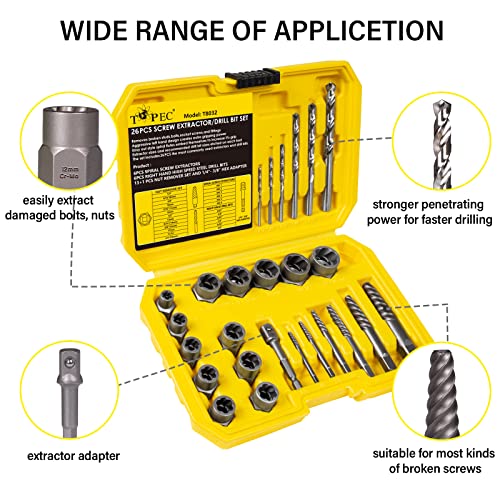 Topec Broken Bolt Extractor Set, 26Pcs Stripped Screw Extractor Kit with Drill Bits, Easy Out Tool Socket Set for Removing Damaged, Rounded, Rusted Nuts & Screws