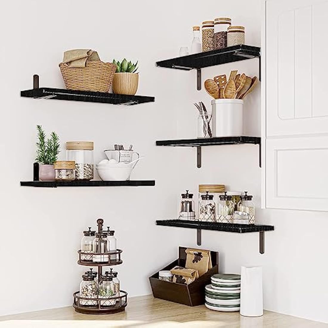 Mardili Shelves Wood Wall Mounted Shelf, Rustic Shelves Set of 5（Black）