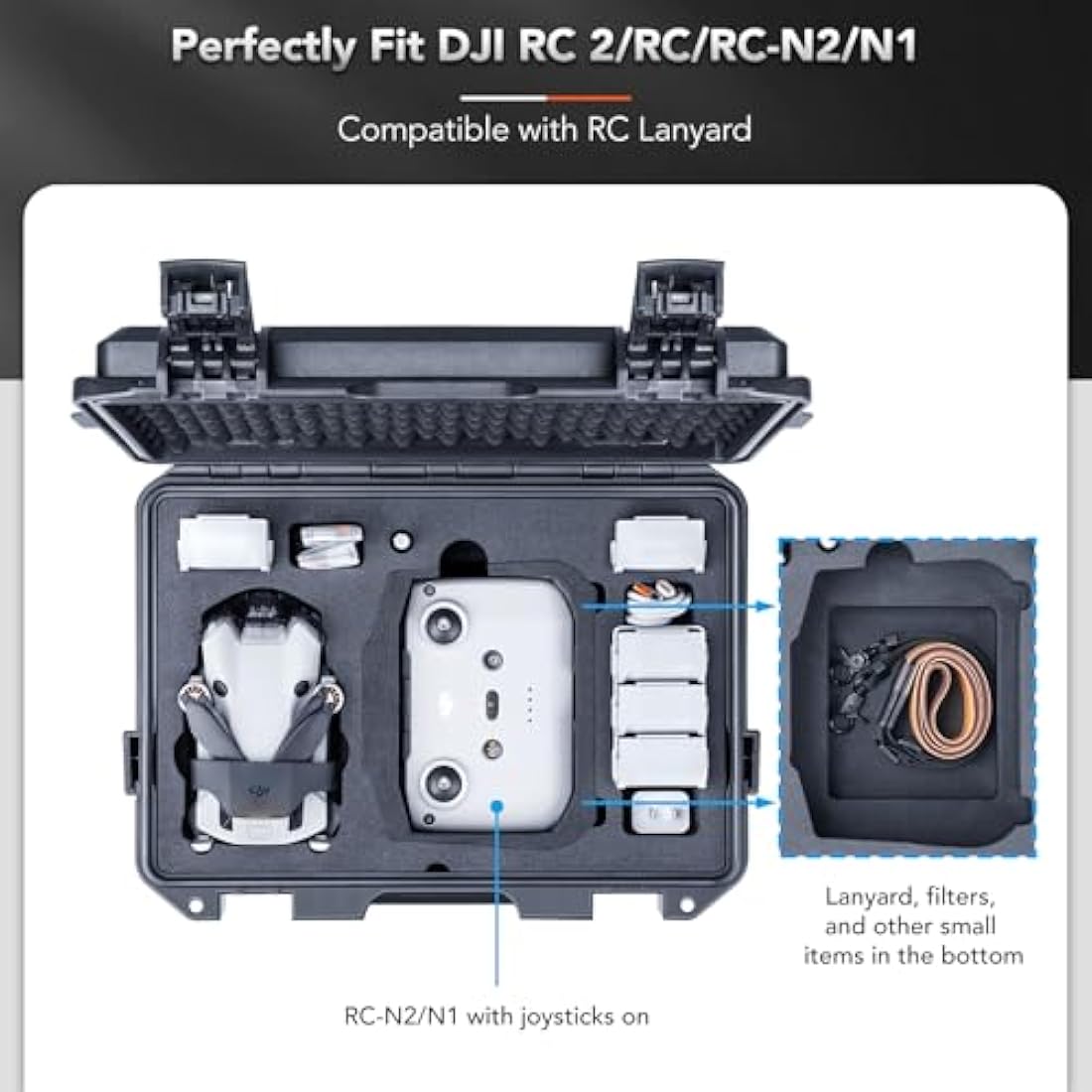 Lykus Titan MM410 Waterproof Hard Case for DJI Mini 4 Pro/Mini 3/Pro and RC2/RC/RC-N2/N1, Black with Shoulder Strap, Support 7 Batteries and RC Lanyard [CASE ONLY]
