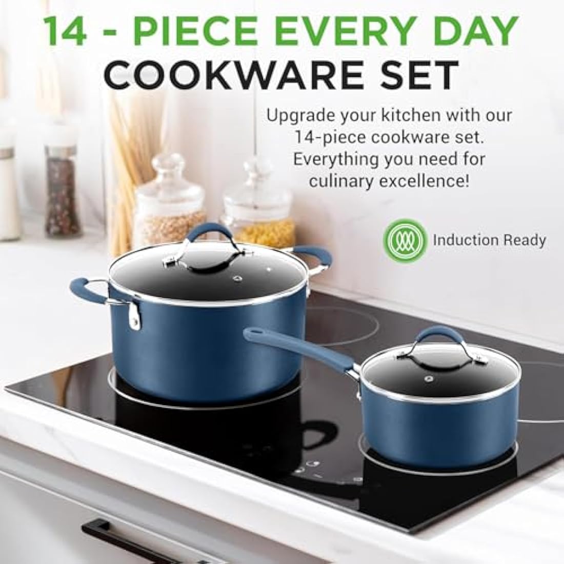 NutriChef, Stackable Pots and Pans Set - Ceramic Non Stick Pan Set, Induction Hob Cookware Set, Premium Cooking Set w/Lids, Heat Resistant, 14 Pcs, Blue