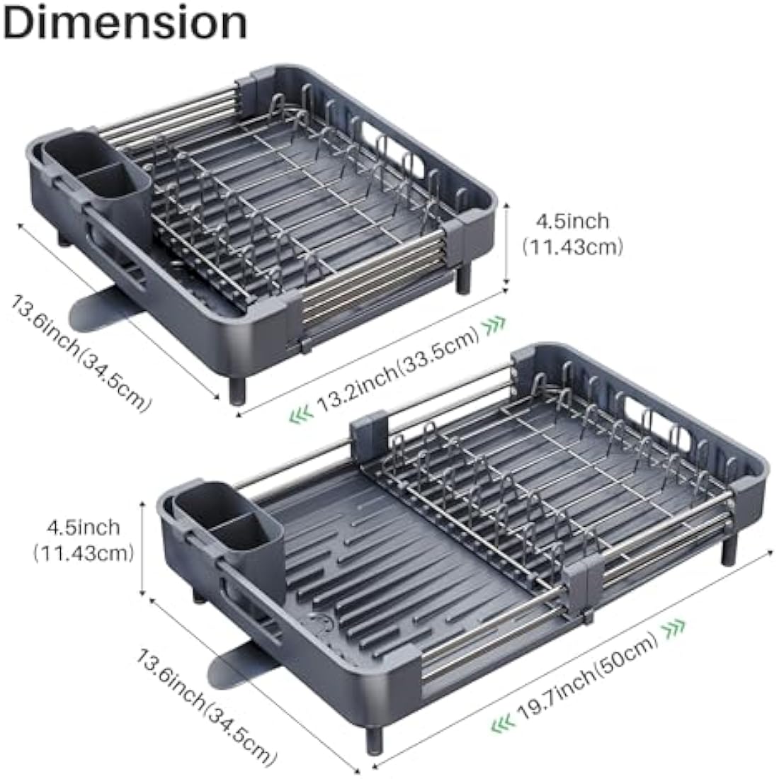 SAYZH Dish Drainer Rack, Kitchen Dish Drying Rack, Expandable(33.5 CM-50 CM) Stainless Steel Sink Organizer Dish Rack and Drainboard Set with Utensil Holder Cups Holder for Kitchen Counter(Grey)