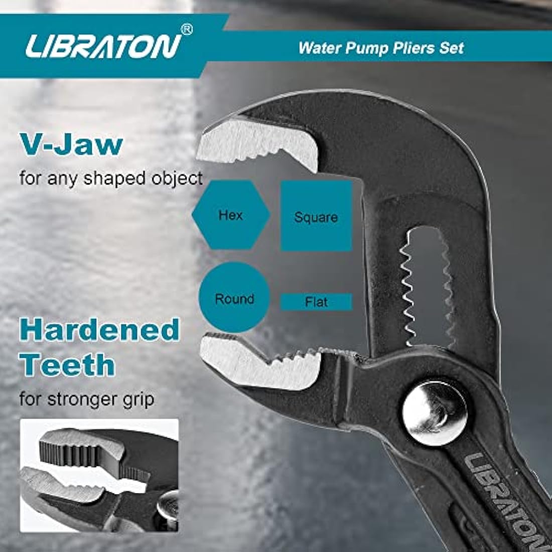 Libraton CR-V Steel Plumbing Pliers Set - Groove Joint & V-Jaw Tongue & Groove Pliers, Pipe Grips, Ratcheting Push Button Adjustment, 3PCS