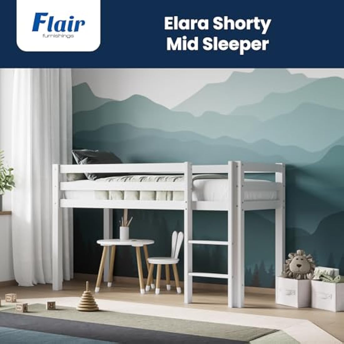 Flair Furnishings Kids Mid Sleeper Bed with Storage, Cabin Bed, Heavy Duty and Sturdy, Cosy, Stylish, Space Saving Design (White)