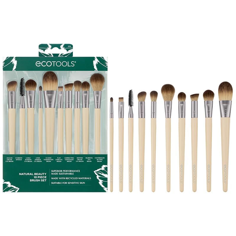 EcoTools Natural Beauty 10 Piece Brush Set - Vegan Tools For Full Face And Eye Looks: Liner, Shadow, Crease, Brow, Setting, Base. Cruelty-Free,