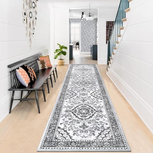 Enyhom Extra Long Carpet Runner, 60 x 240 cm Grey Washable Runners for Hallways Non Slip Super Soft Kitchen Mats Washable Vintage Boho Entrance Dirt