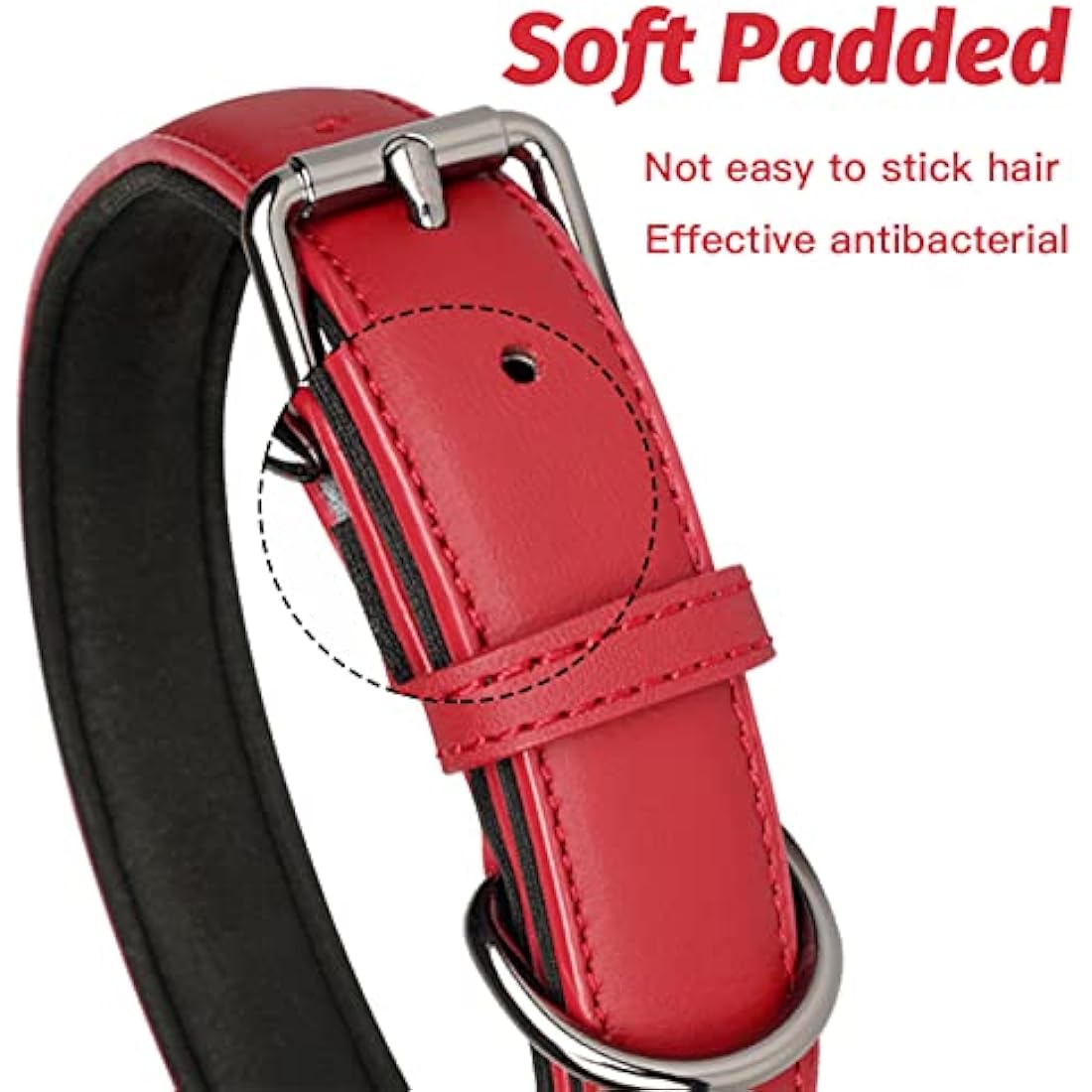 OFHome Dog Collar Leather Red Soft Padded Comfortable Adjustable Strong Pet Collars Best for Small Medium Large Dogs with Heavy Duty Buckle (Red, S)