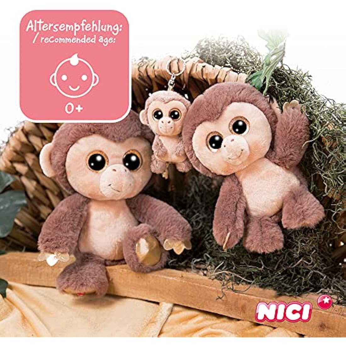 NICI 46945 safari Original – Glubschis Monkey Hobson 15 cm – Cute Cuddly Toys – Fluffy Stuffed Big Glittery Eyes – Plush Zoo Animals to Cuddle & Play, Brown/Beige
