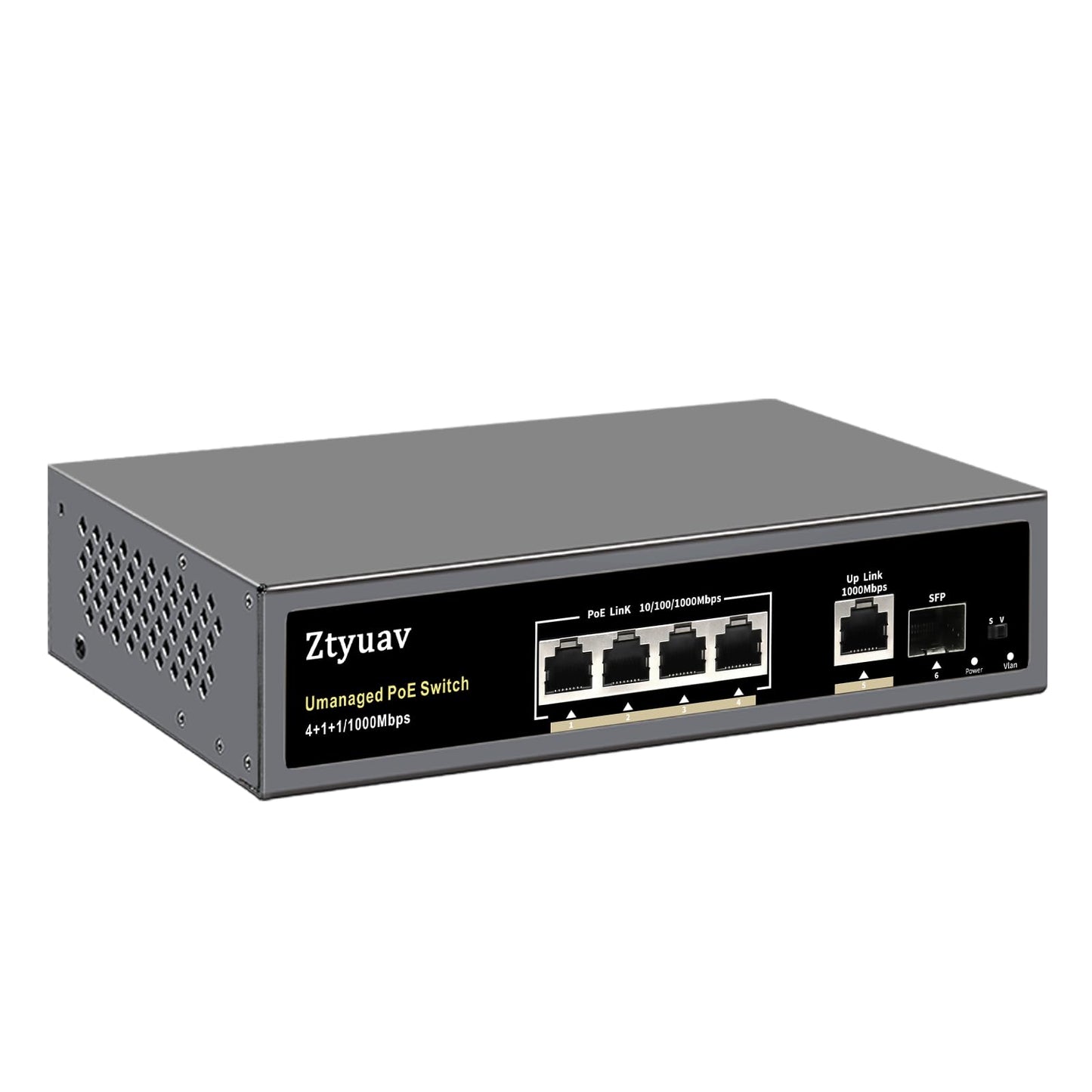Ztyuav Unmanaged PoE Switch 6-Port Full Gigabit with 4 PoE+ Ports at 75W, 1 Uplink and 1 IEEE802.3af/at SFP Slot, Automatic PD Detection, VLAN Mode,