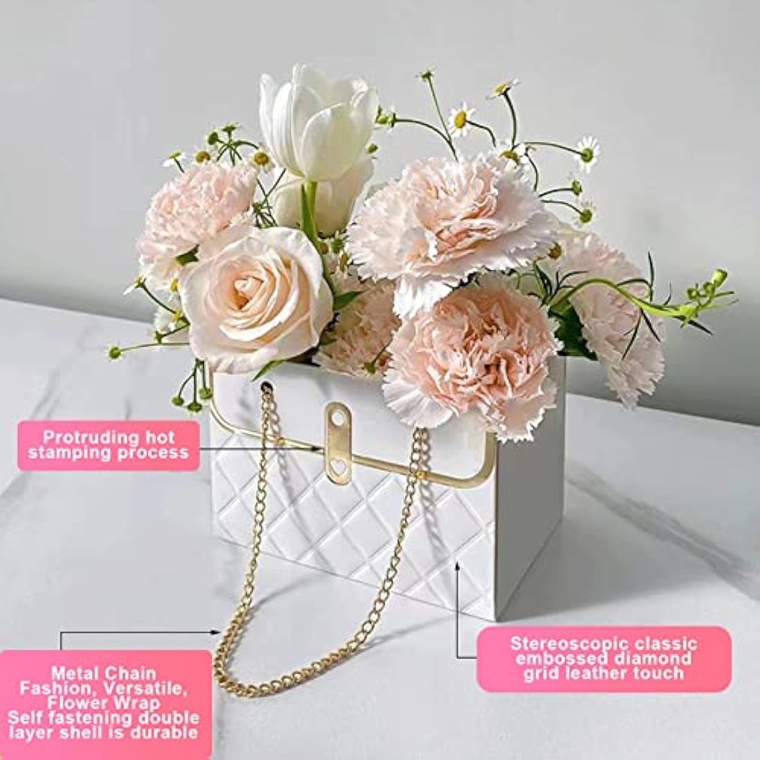 4PCS Flower Paper Box ‎CTDMJ Paper Flower Gift Bags Box Metal Chain Floral Arrangements Bouquets Bag Florist Bag Bouquet Storage Bucket Wedding Party Gift Wrap Bag (3 Colors), black white pink