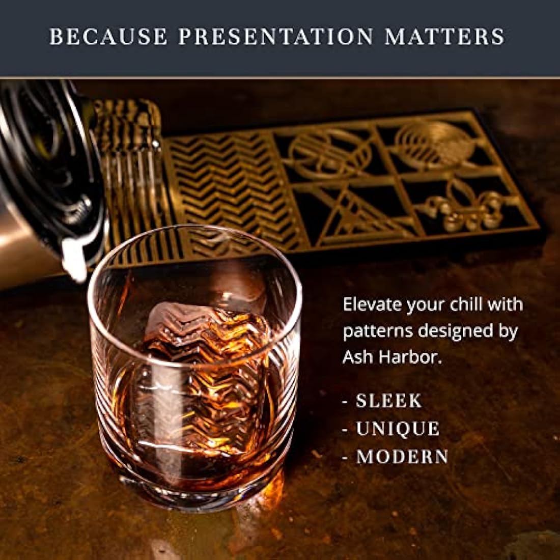 Ice Designer Tray – Craft Modern Ice Molds for Whiskey, Bourbon, & Cocktails in 5 Seconds – Whiskey Ice Mold Ice Cube Stamp – Bartender Accessories for Clear Ice Cocktails by Ash Harbor (Patterns)