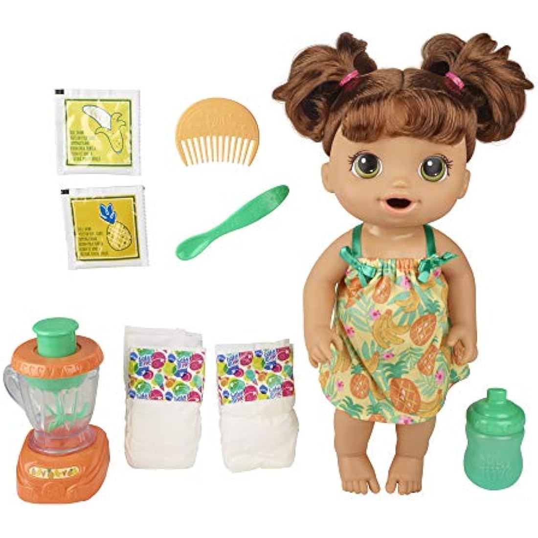 Baby Alive Magical Mixer Baby Doll Tropical Treat with Blender Accessories, Drinks, Wets, Eats, Brown Hair Toy for Children Aged 3 and Up