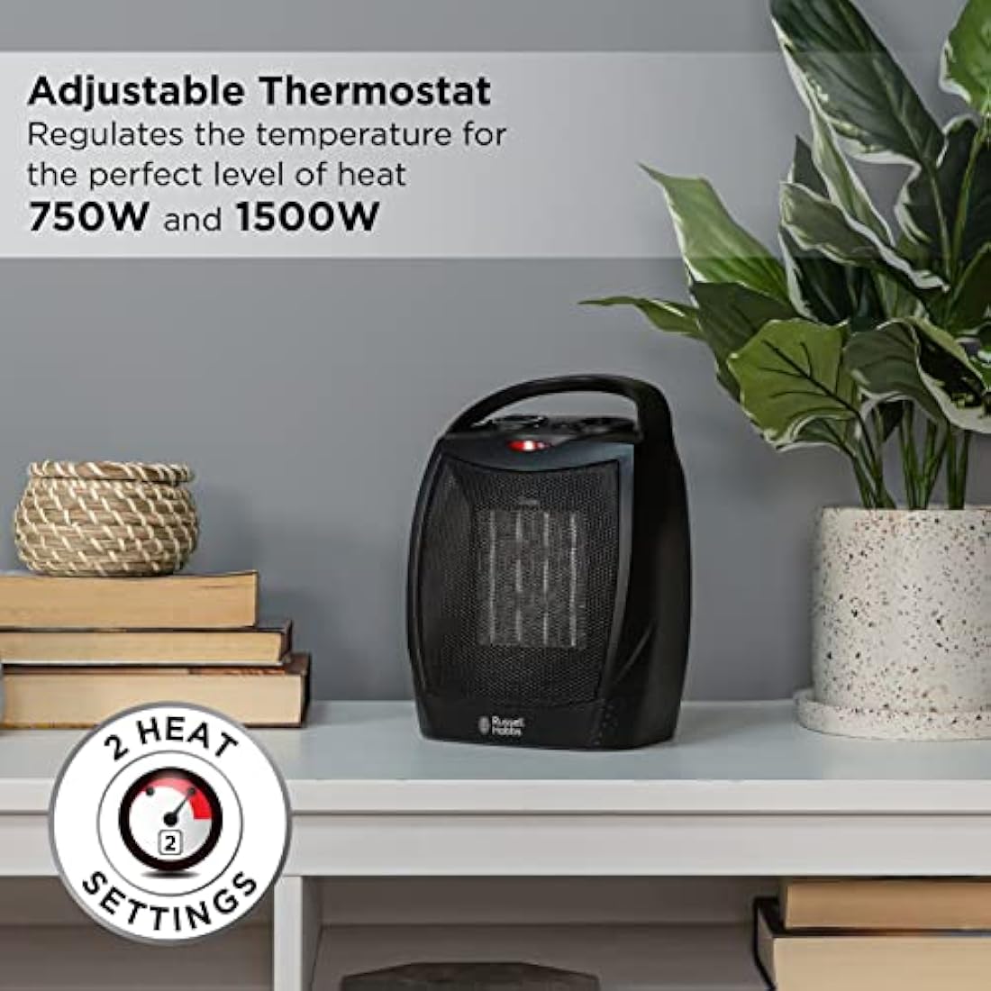 Russell Hobbs 1500W/1.5KW Electric Heater Black PTC Ceramic Space Heater, Portable Upright, 2 Heat Settings, Overheat Protection, Adjustable Thermostat, 15m2 Room Size, RHFH1006B, 2 Year Guarantee