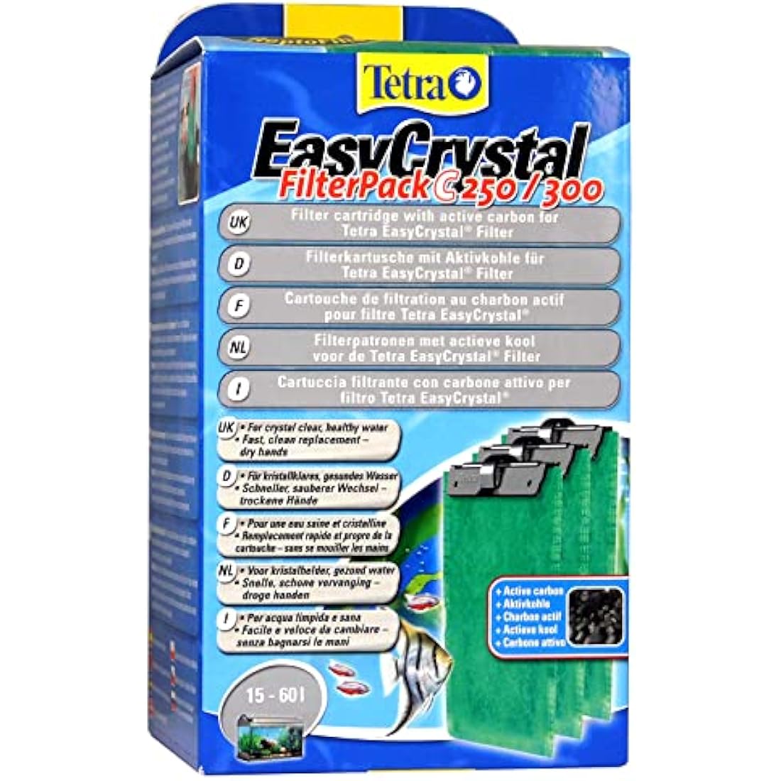 Tetra EasyCrystal Filter Pack C250/300 filter material with activated carbon, filter pads for EasyCrystal internal filters, suitable for aquariums from 15-60 liters, 3 pieces, Green