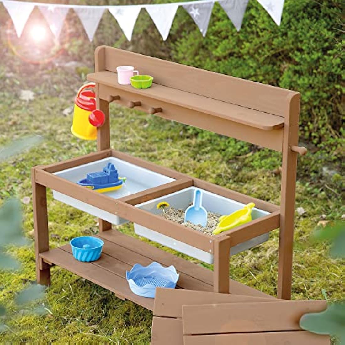 roba Children's Outdoor Garden Kitchen Fun - Wooden mud kitchen with removable cover - 2 plastic tubs & shelf - Weather-resistant work table/outdoor play kitchen - Teak