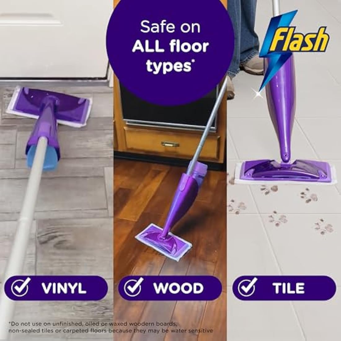Flash Power Spray Mop Floor Cleaner Starter Kit (1 Washable + 2 Disposable Pads), All-In-One System For Your Floors