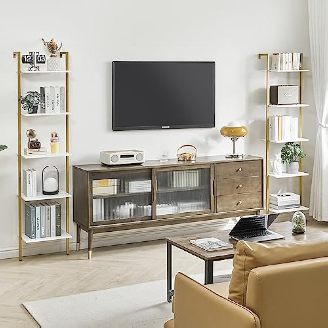 YMYNY Bookshelf Wall Mounted, Ladder Shelf, 5-Tier Bookcase Rack, Storage Unit with Metal Frame, Industrial Floating Wall Shelf for Living Room, Kitchen, Office, 40×30×178CM White HBC015W