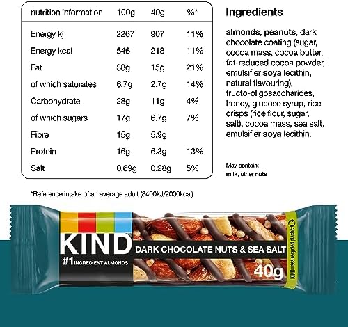 KIND Bars, Gluten Free Snack Bars, Dark Chocolate Nuts & Sea Salt, High Fibre, Healthy Snack, No Artificial Colours, Flavours or Preservatives, Multipack 24 x 40g
