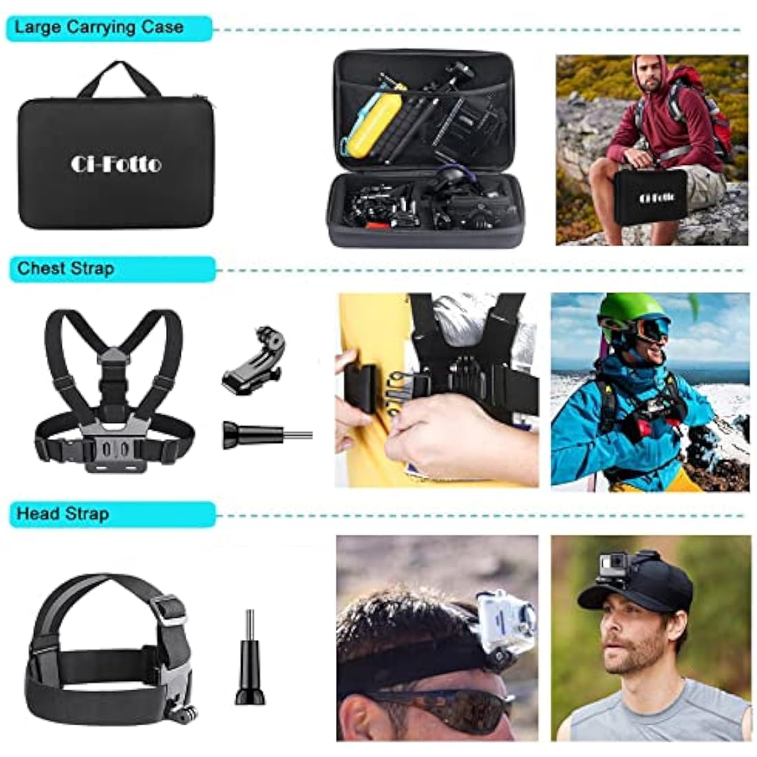 Ci-Fotto Action Camera Accessories Set, 50-in-1 Sports Camera Accessories Compatible with Hero 13 12 11 10 9 8 7, Max Insta360 GO 2 SJ6000 SJ5000 DJI OSMO Action Cam DBPOWER AKASO