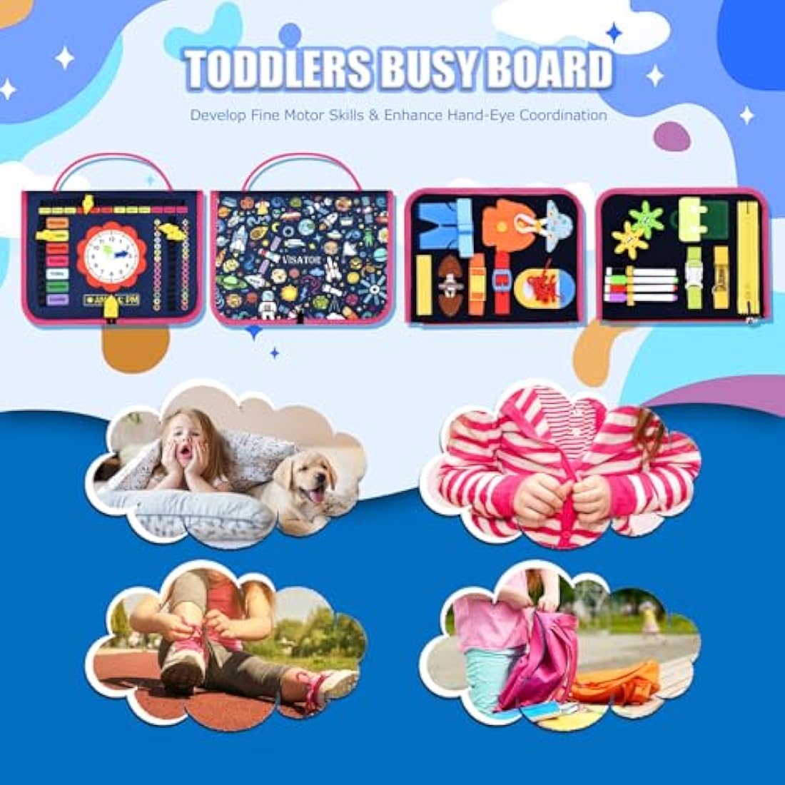 Busy Board Montessori Toys For 1 2 3 4 5 6 Year Old Girls Boys Sensory Toys For Toddlers Preschool Educational Learning Toys Activity Board For Fine Motor Skills Kids Gift Airplane Car Toy (Dark blue)