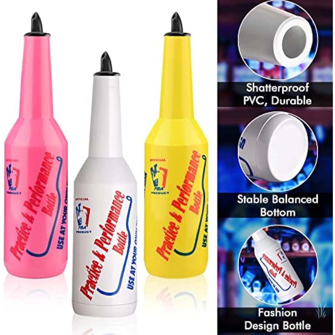 SuproBarware Flair Bottle Set of 3 - Cocktail Shaker, Training Bottle, 25oz/750ml (White, Pink, Yellow)